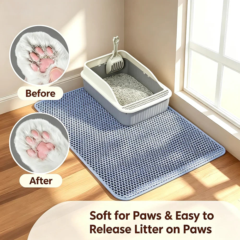 Blue-gray mat beside litter box