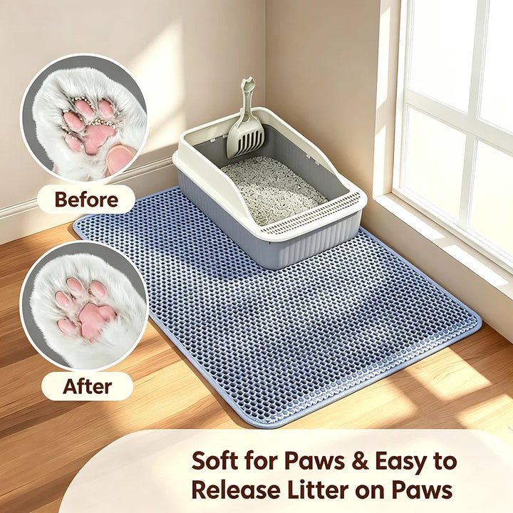 Blue-gray mat beside litter box
