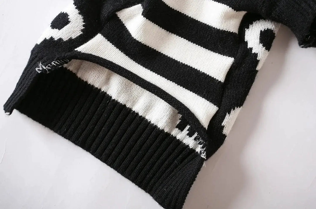 Halloween Pet Costume Skull Knitted Sweater by Pet Zen in black and white striped knit for cats and dogs