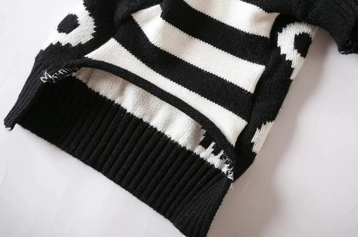 Halloween Pet Costume Skull Knitted Sweater by Pet Zen in black and white striped knit for cats and dogs