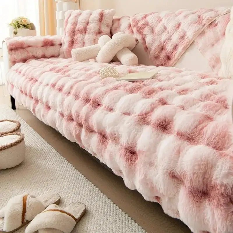 Velvet couch cover topspet in pink and white, plush, cat- and dog-proof couch throw