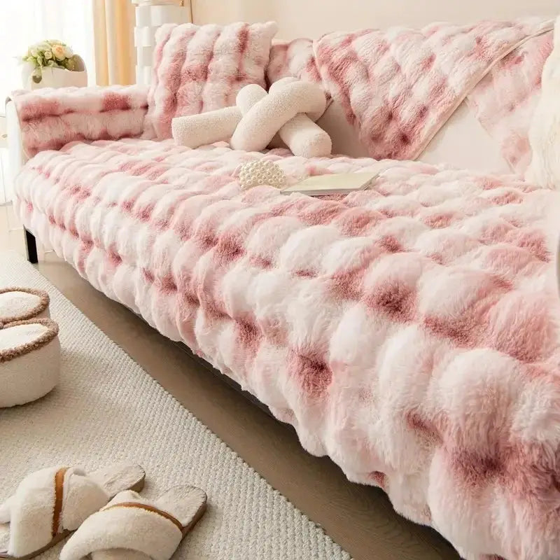 Velvet couch cover topspet in pink and white, plush, cat- and dog-proof couch throw
