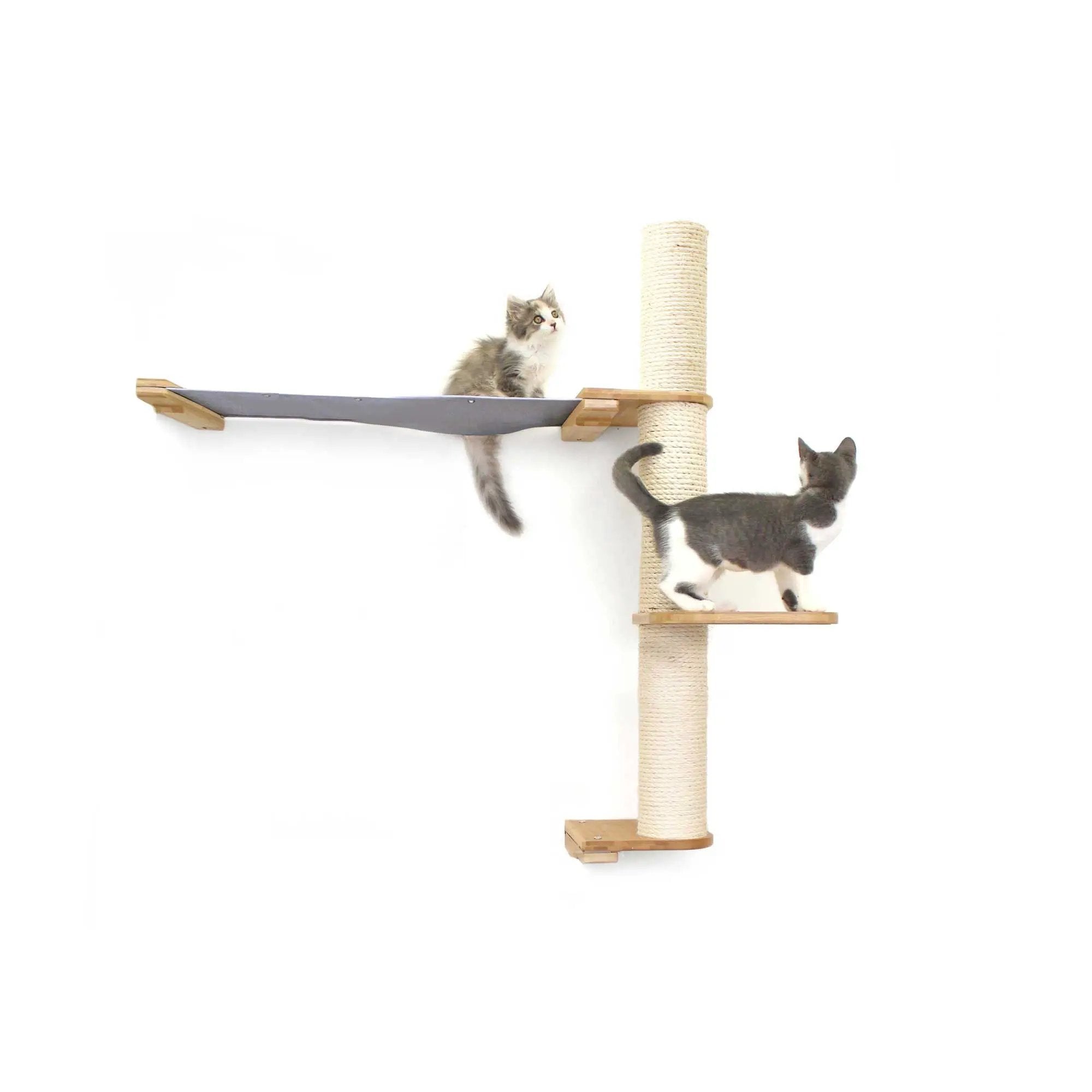 The Crow's Nest Cat Condo wall scratcher with hammock by Catastrophic Creations, sisal post and wooden platform.