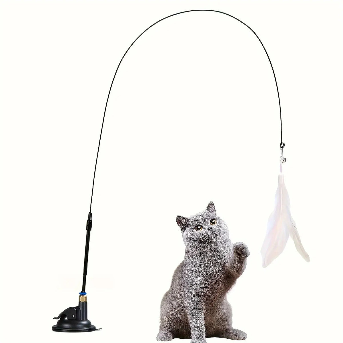 White feather teaser on suction base beside cat