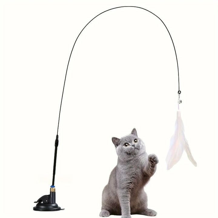 White feather teaser on suction base beside cat