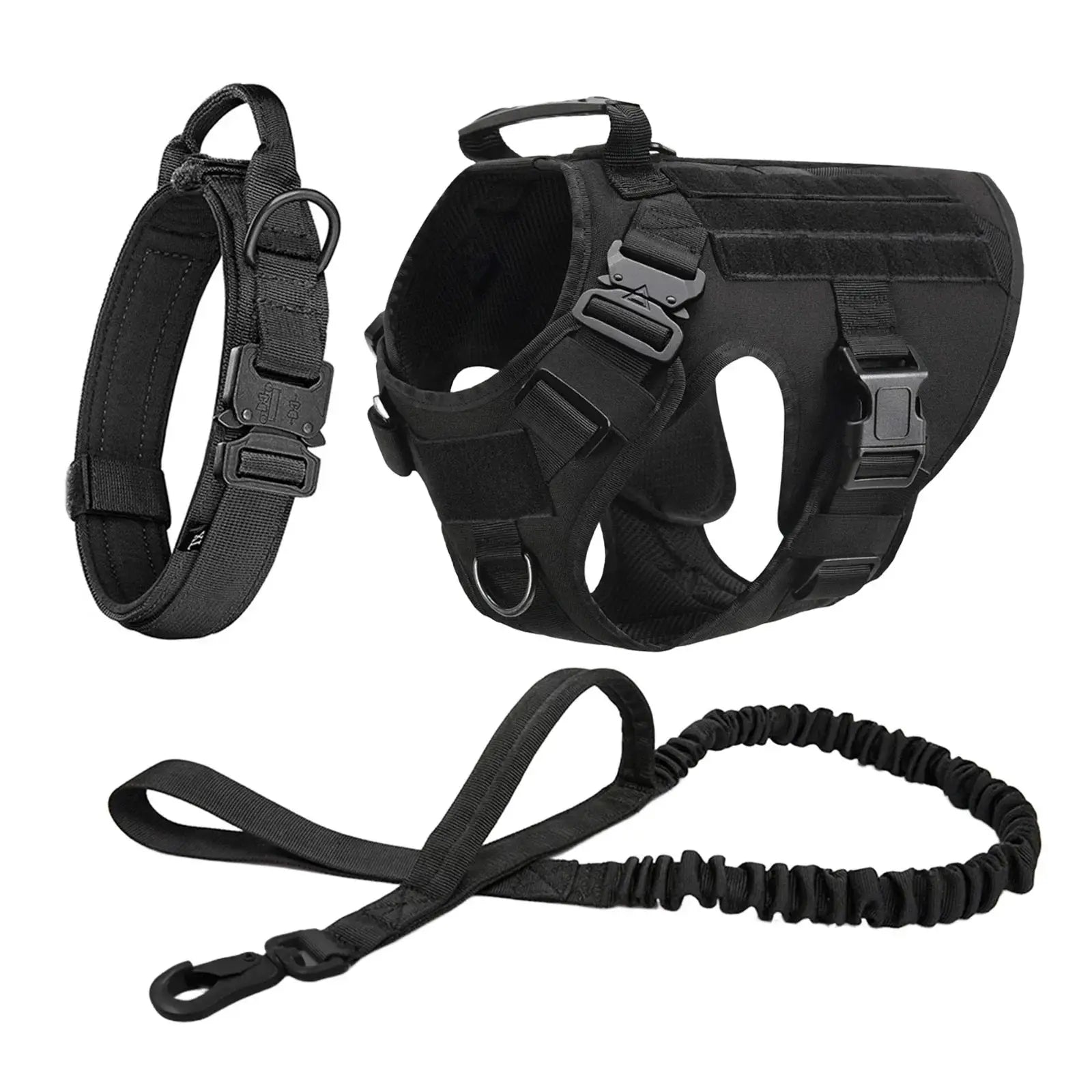 Ultimate Explorer Tactical Dog Harness Leash Set Heavy Duty Handle Training Hiking Control Medium Size Black by Fashioned Furbabies