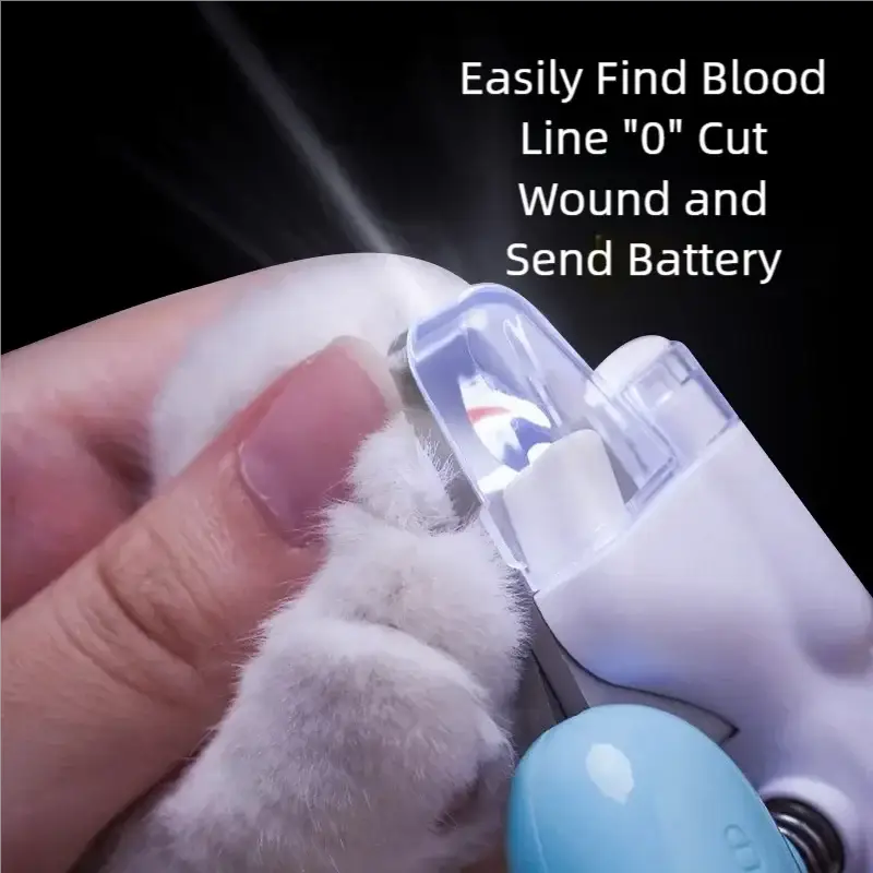 Professional pet nail clippers with LED light for dogs and cats, transparent LED housing and blue grip