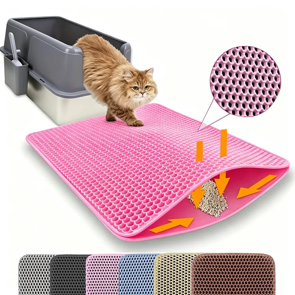 Pink double-layer litter mat beside litter box