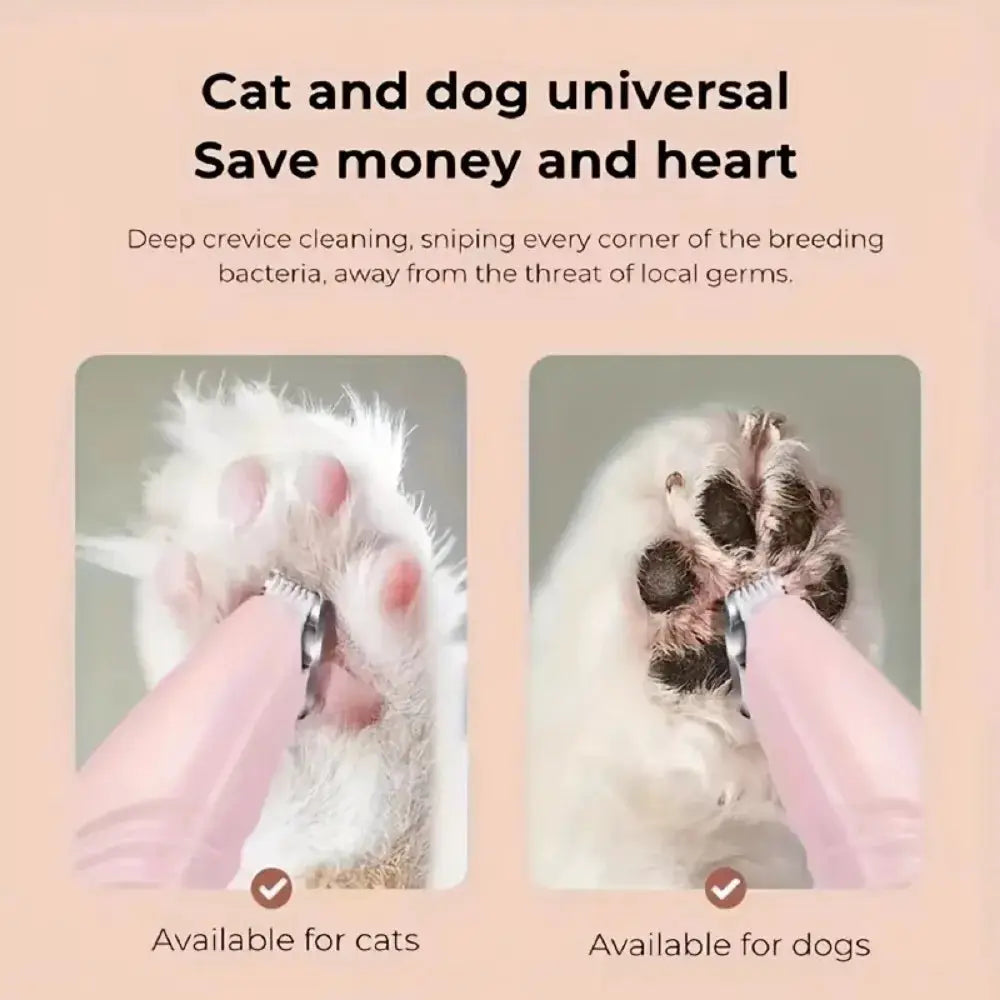 Whisker House pink USB electric pet trimmer for cats & dogs, quiet operation; two paws shown—cat and dog
