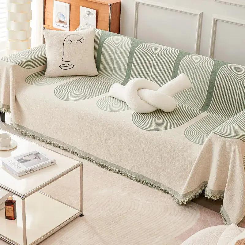 Double-Sided Chenille Couch Slipcovers by topspet for sofa, beige with green circular patterns.