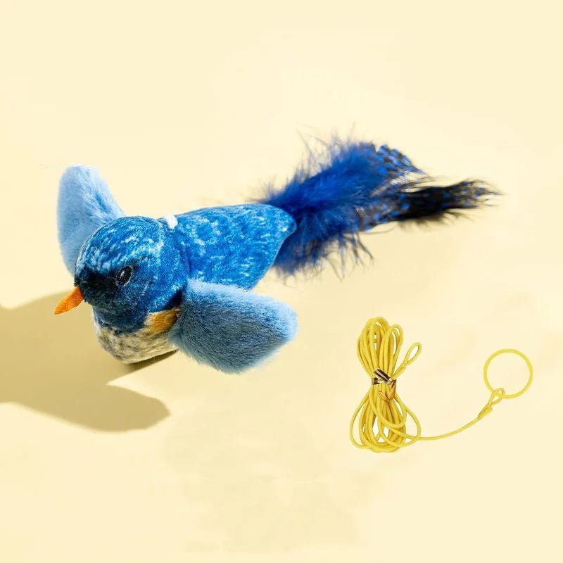 Blue bird with yellow hanging cord