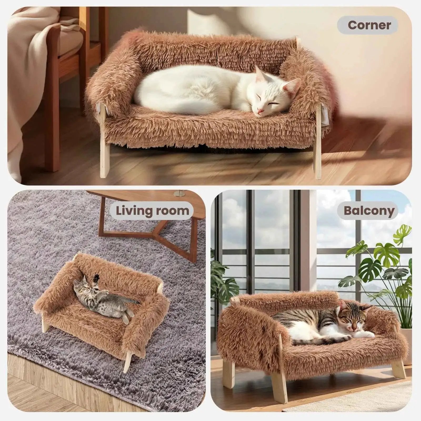 Raised Cat Sofa Plush Elevated Couch With Wooden Legs For Small Dogs by Cozy Kawaii