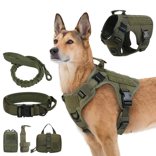 Ultimate Explorer Tactical Dog Harness Leash Set Heavy Duty Handle Training Hiking Control Medium Size Black by Fashioned Furbabies
