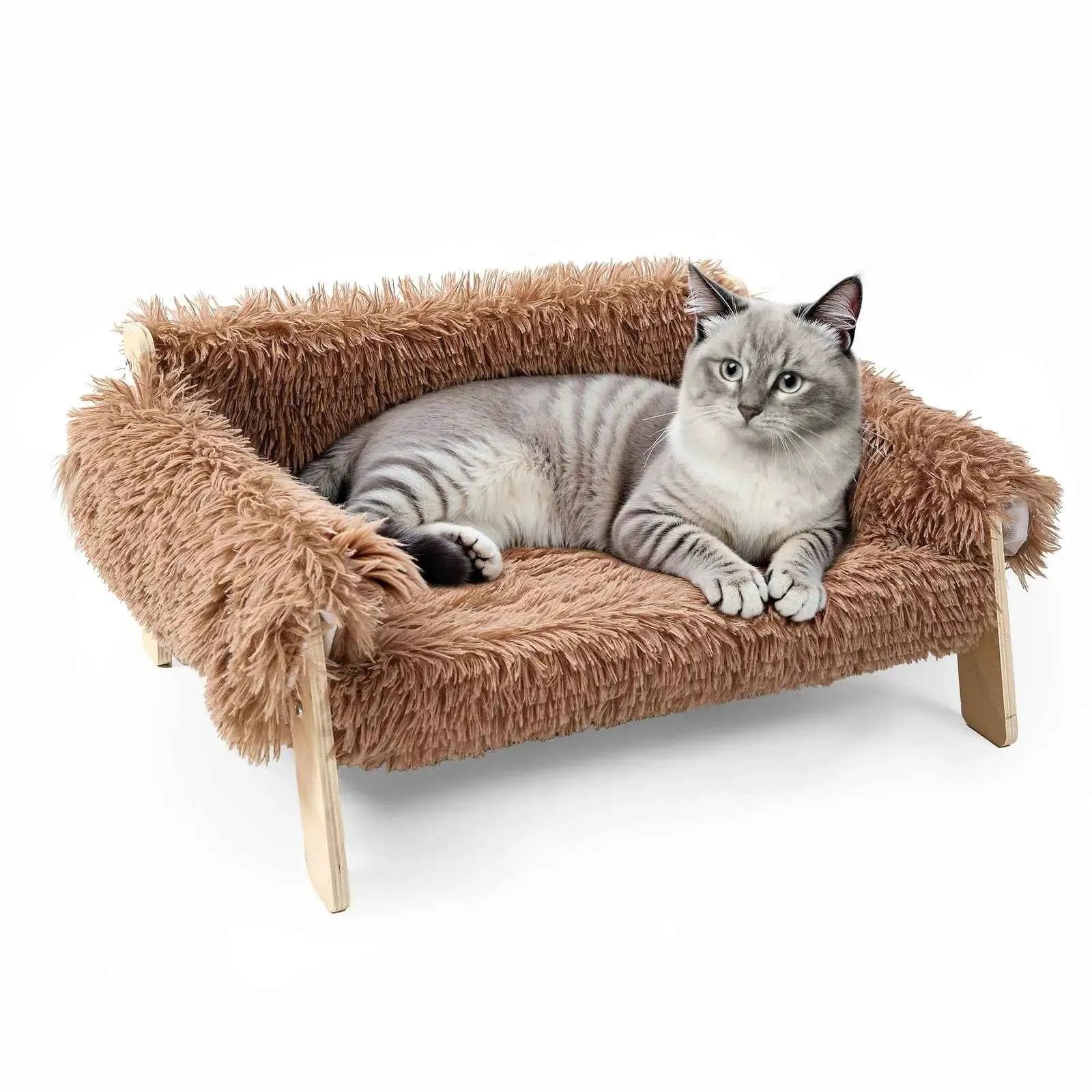 Raised Cat Sofa Plush Elevated Couch With Wooden Legs For Small Dogs by Cozy Kawaii