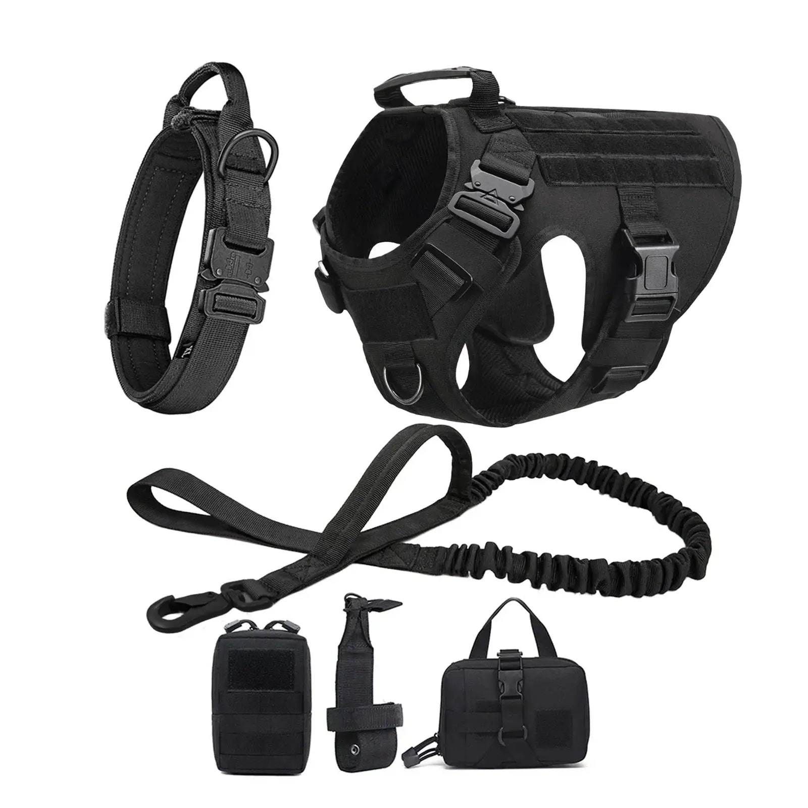 Ultimate Explorer Tactical Dog Harness Leash Set Heavy Duty Handle Training Hiking Control Medium Size Black by Fashioned Furbabies