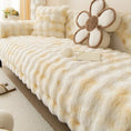 Load image into Gallery viewer, Velvet couch cover throw in ivory cream; plush velvet fabric with fluffy pillows on a bed.
