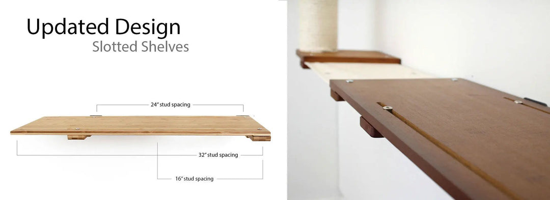 Wall Mounted Cat Feeding Shelf in natural wood finish with slotted design