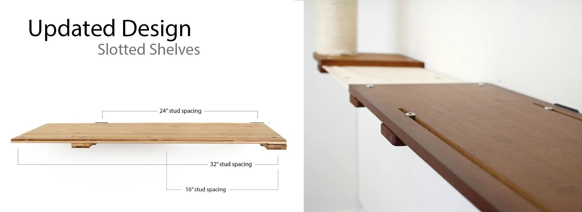 Wall Mounted Cat Feeding Shelf in natural wood finish with slotted design