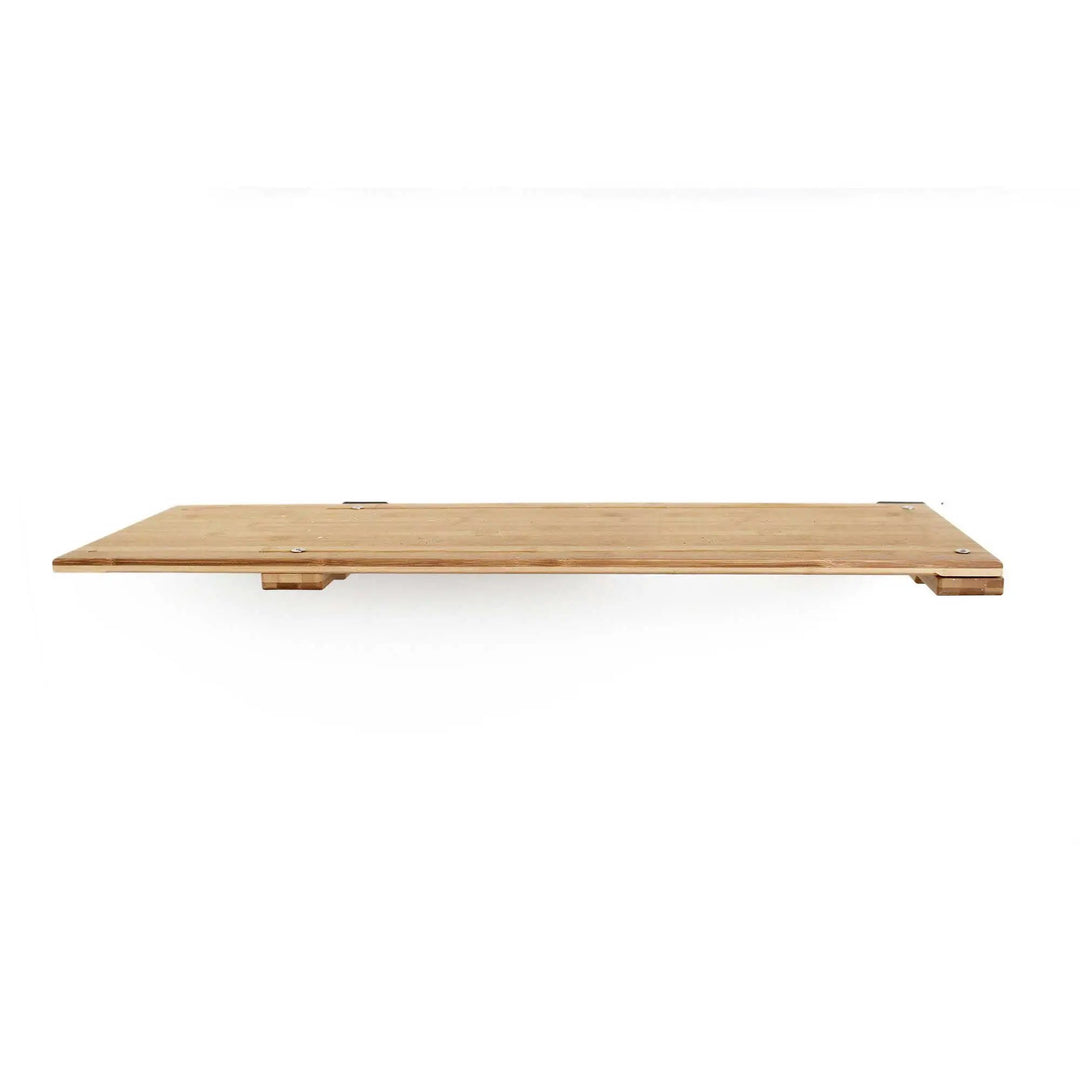 Wall-mounted cat shelf Catastrophic Creations, natural wood platform with visible screws.