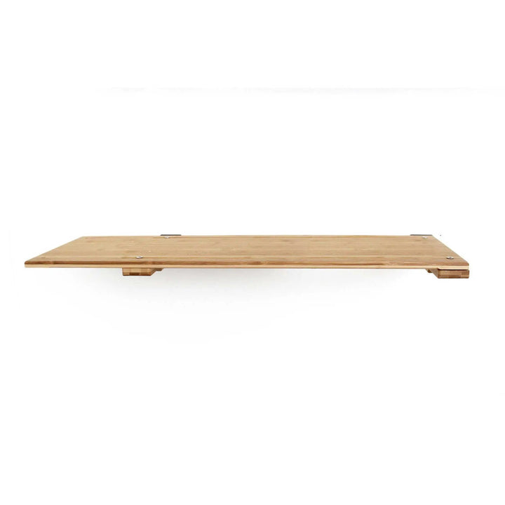 Wall-mounted cat shelf Catastrophic Creations, natural wood platform with visible screws.