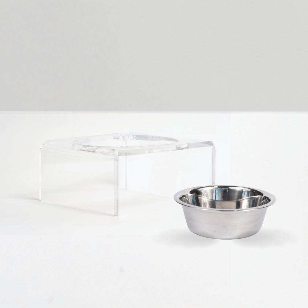 Hiddin Clear Acrylic Single Feeder with Silver Bowl – 5 in High