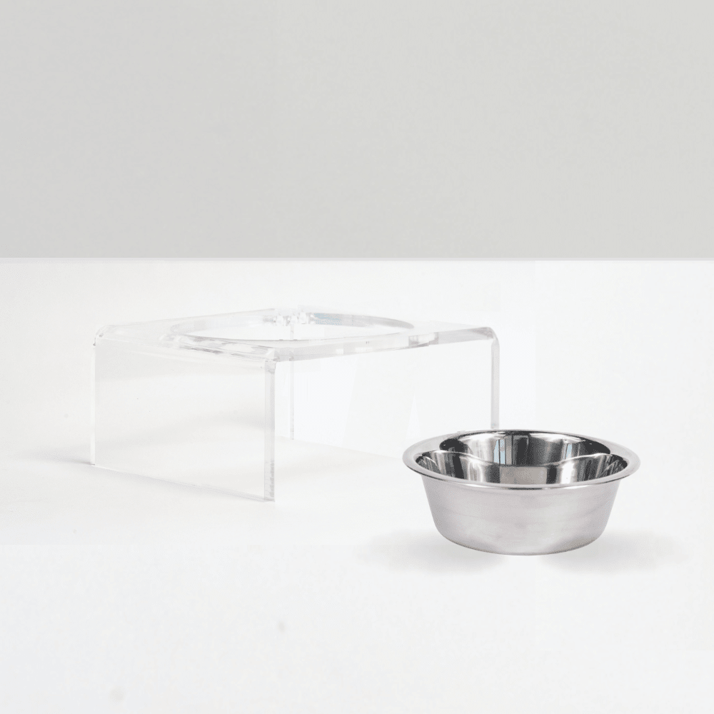 Hiddin Clear Acrylic Single Feeder with Silver Bowl – 5 in High
