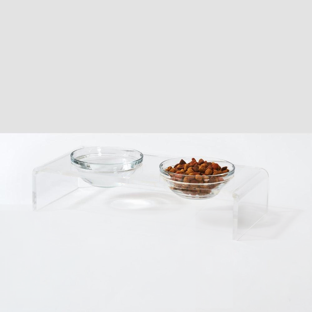 Hiddin Clear Acrylic Double Feeder with Glass Bowls – 3 in High