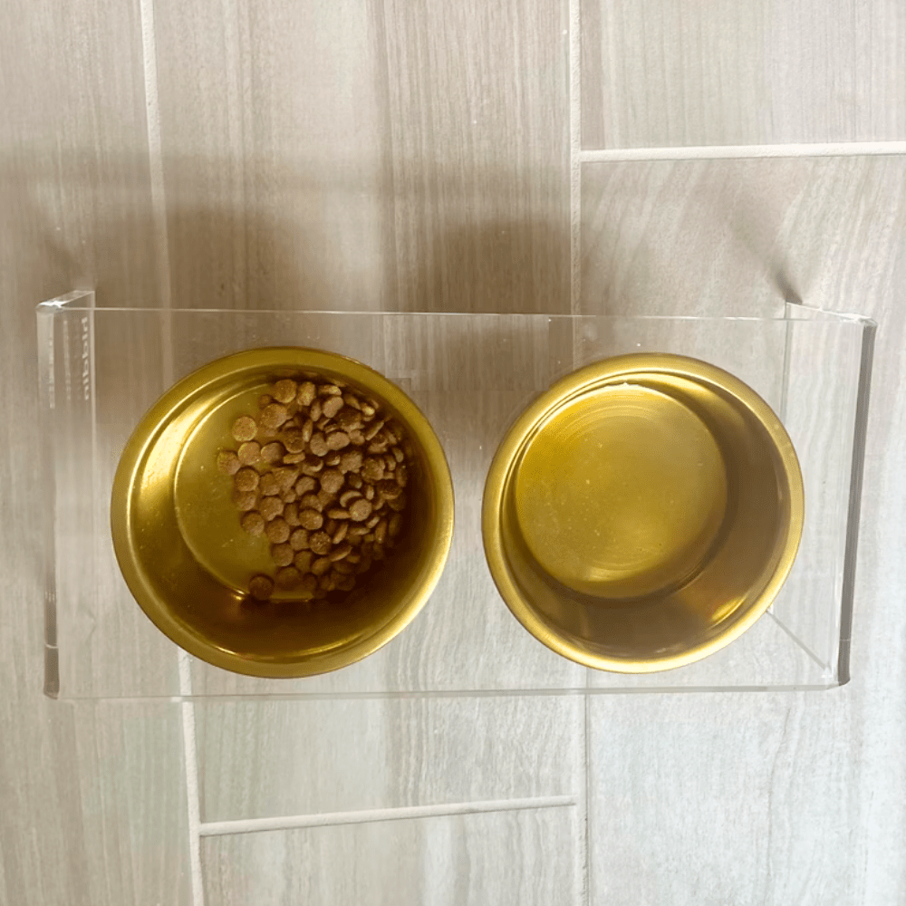 Hiddin Clear Acrylic Double Feeder with Gold Bowls – 7 in High