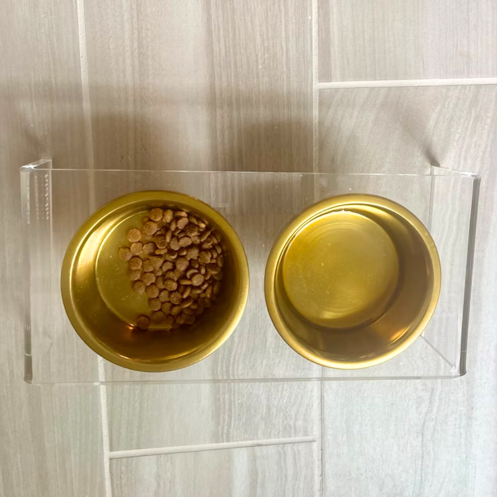 Hiddin Clear Acrylic Double Feeder with Gold Bowls – 3 in High