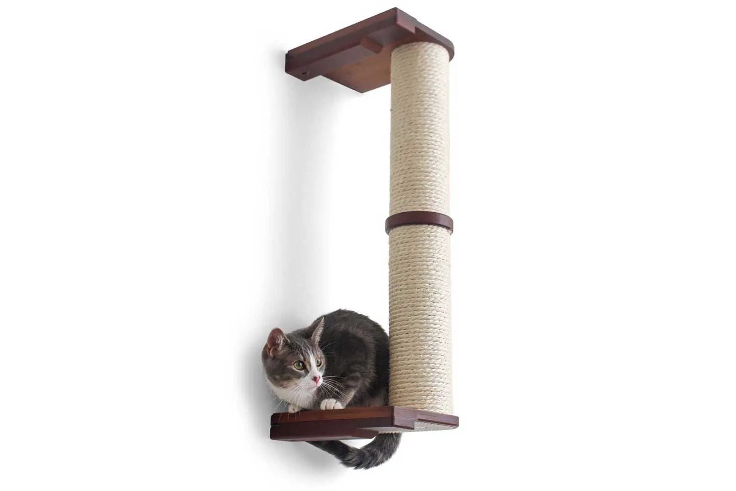 Wall Mounted Cat Scratcher Pole with natural sisal rope and dark wood brackets