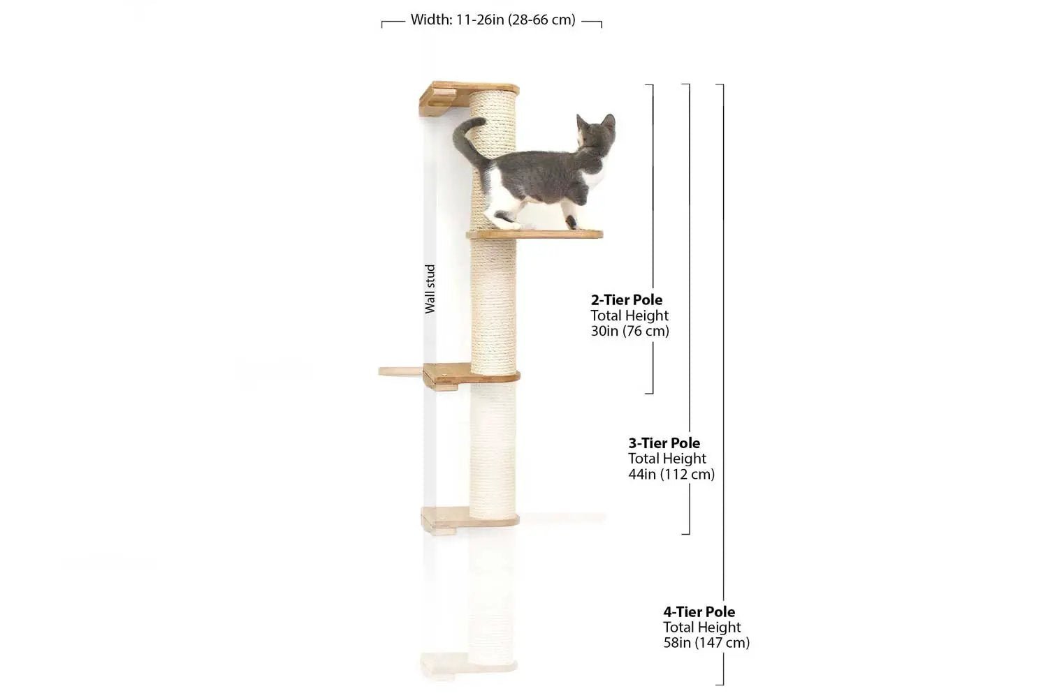 Wall Mounted Cat Climbing Pole with sisal rope by Catastrophic Creations; cat scratcher with wooden platforms