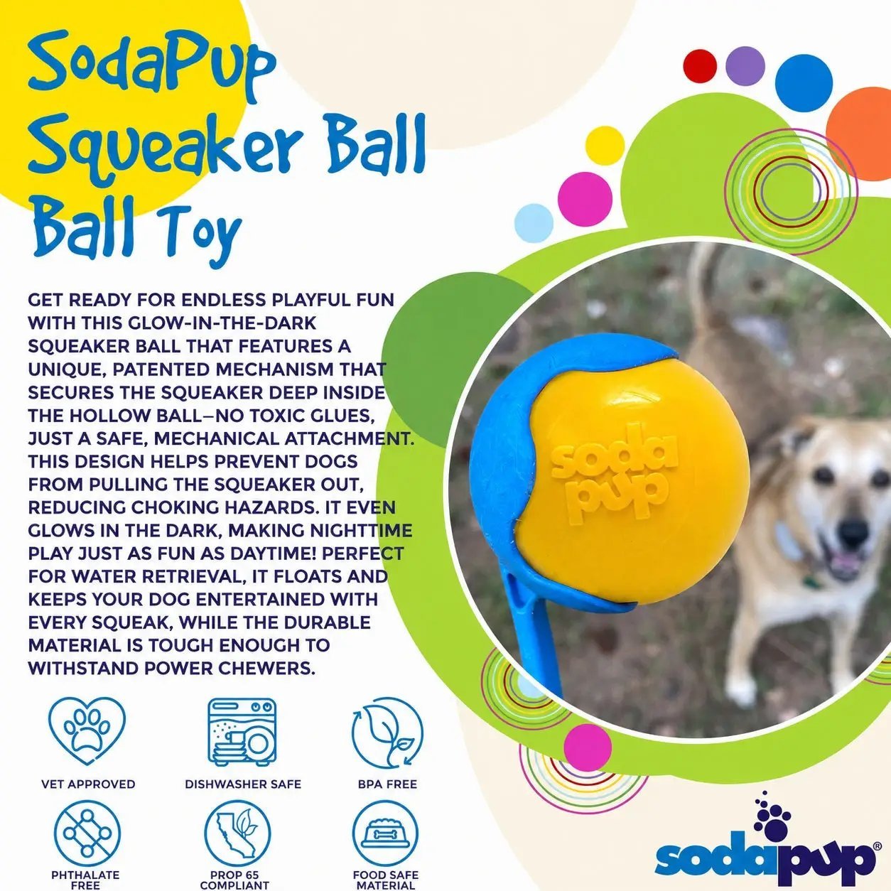 Squeak Ball - Giocattolo per cani durevole con squeaker, galleggiante, da masticare | Prodotto negli USA