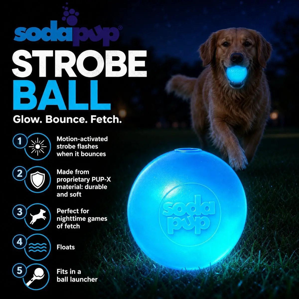 SodaPup Strobe Ball Light Up Dog Toy Durable Floating Heavy Duty USA by SodaPup/True Dogs, LLC