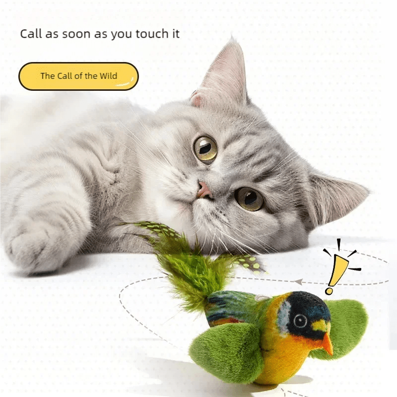 Cat playing with hanging green bird