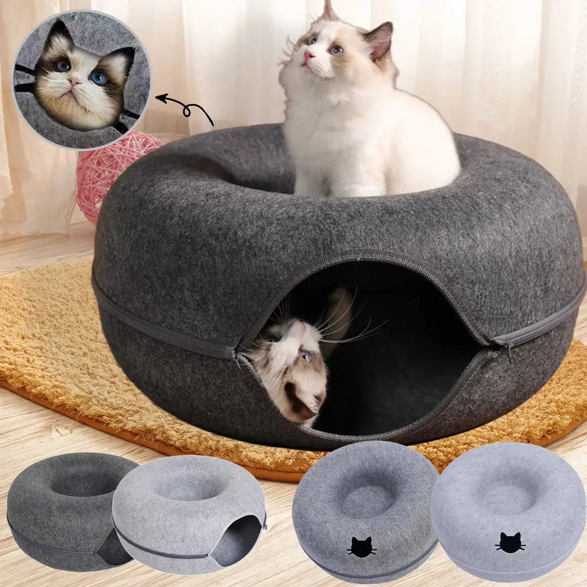 Whisker House Felt Donut Cat Bed Dual Purpose Cat Tunnel Bed And Hideout Modern Sleep Solution For Indoor Cats by Whisker House