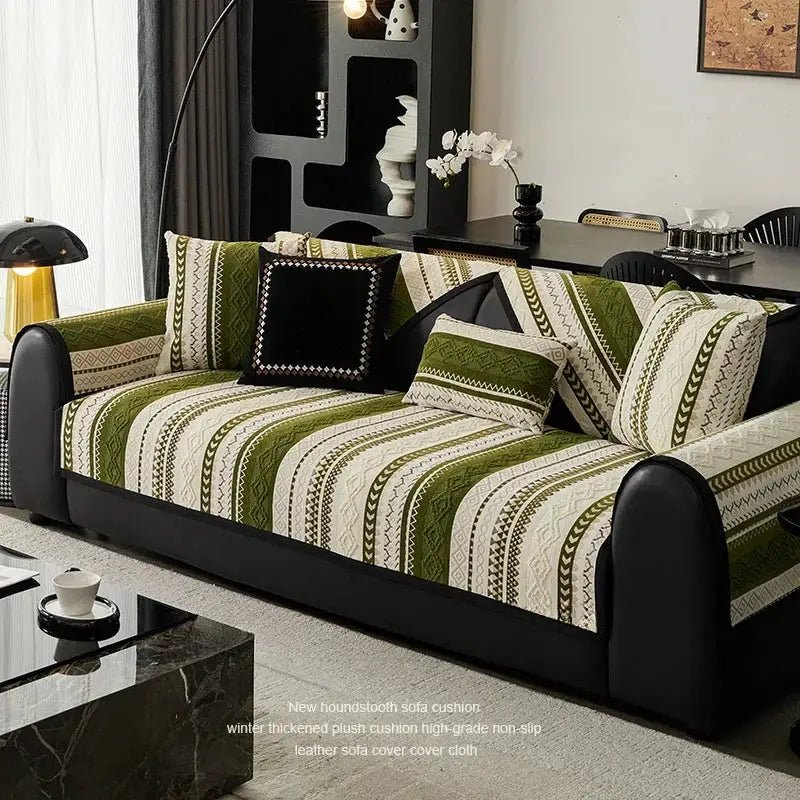 Topspet Black Couch Cover with green and beige striped pattern for sofas