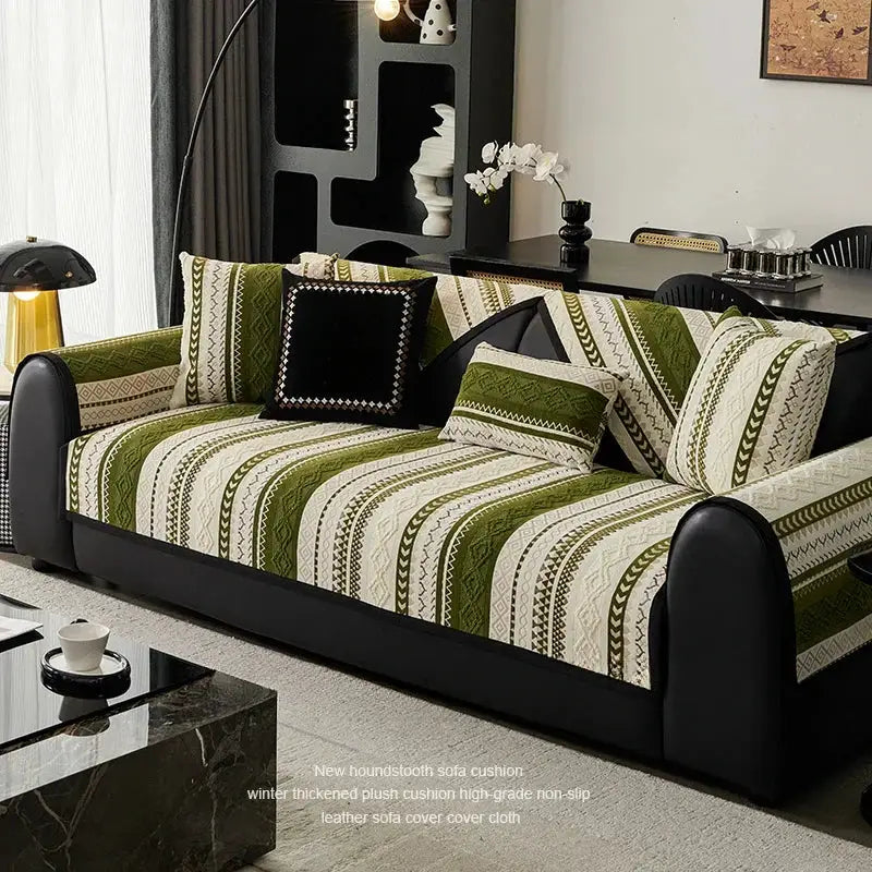 Topspet Black Couch Cover with green and beige striped pattern for sofas