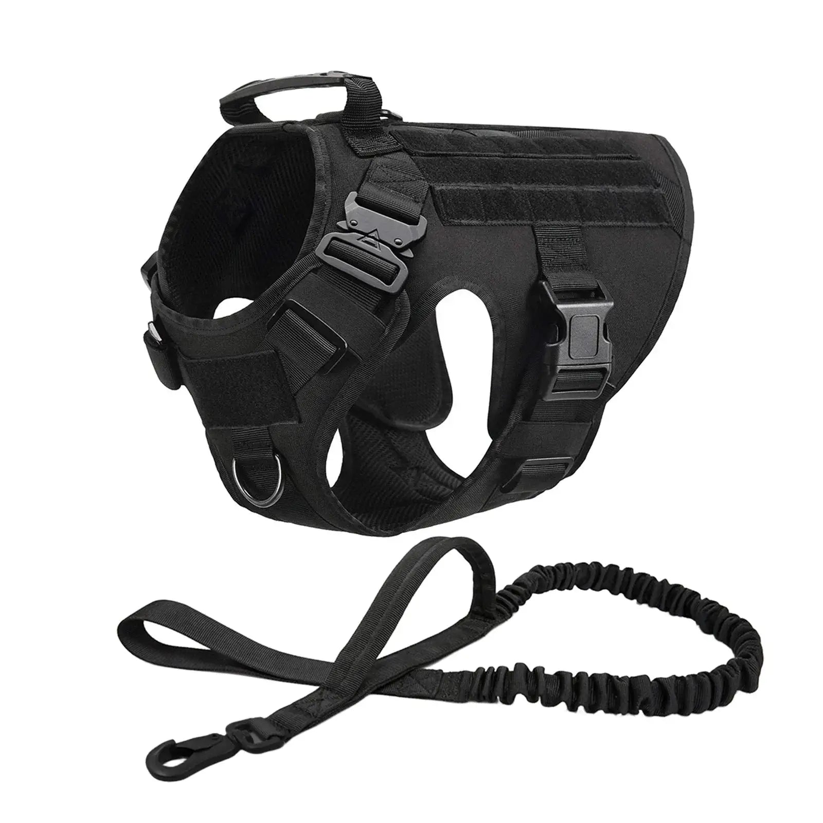 Ultimate Explorer Tactical Dog Harness Leash Set Heavy Duty Handle Training Hiking Control Medium Size Black by Fashioned Furbabies