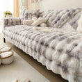 Load image into Gallery viewer, Velvet couch cover in soft gray plush fur with matching throw cushions on sofa
