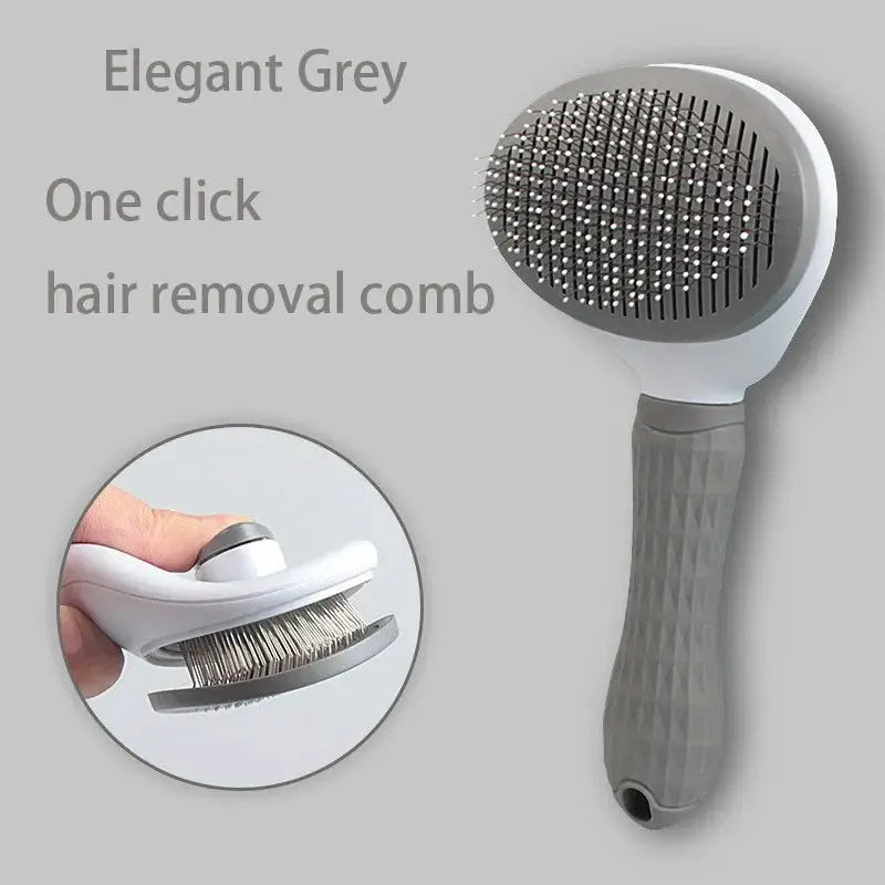 Pet dog hair brush & cat comb in elegant grey with one-click hair removal.