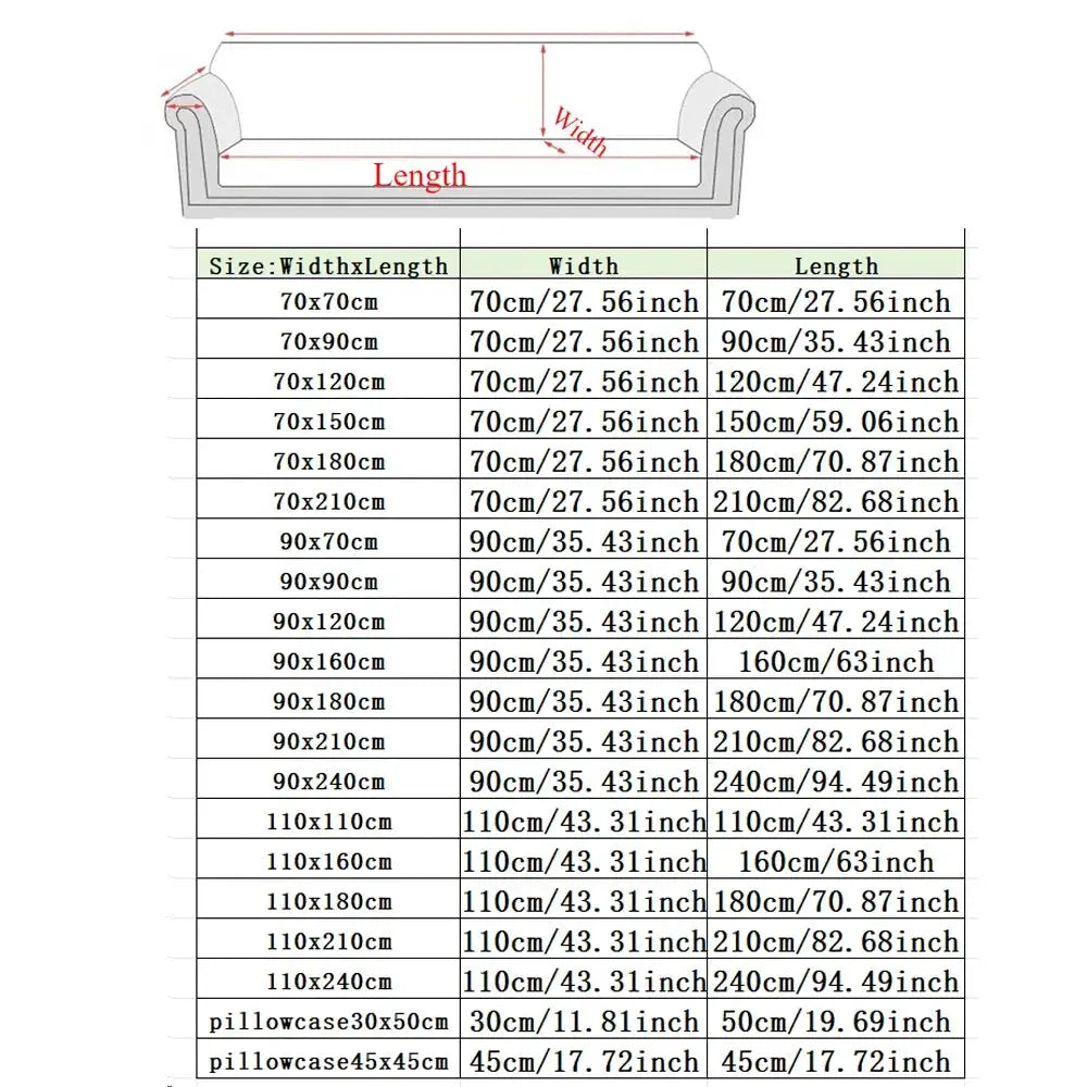 Topspet Black Couch Cover size chart for chairs and sofas with width x length options