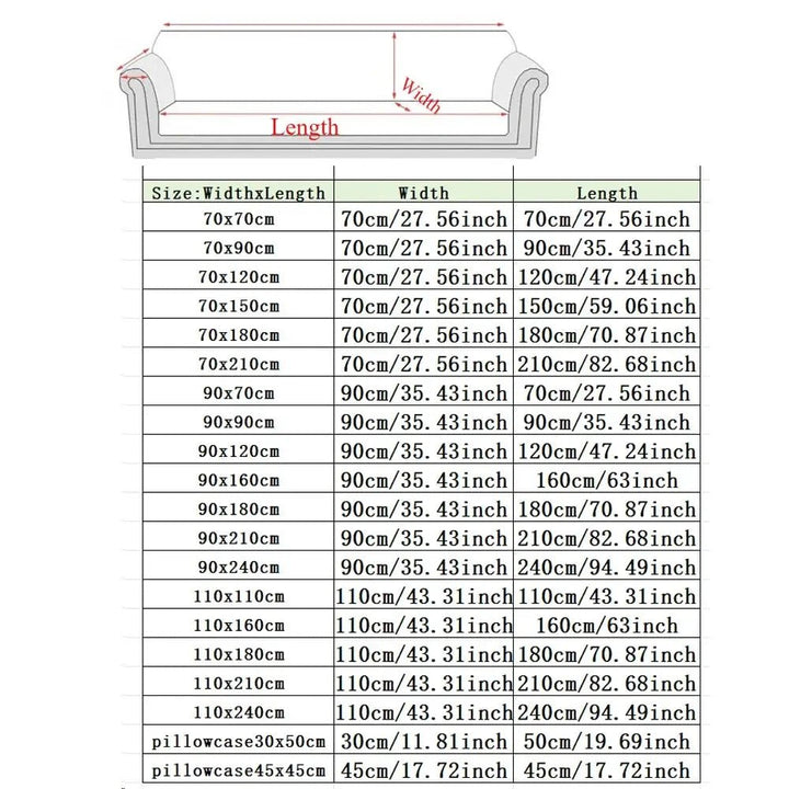 Topspet Black Couch Cover size chart for chairs and sofas with width x length options