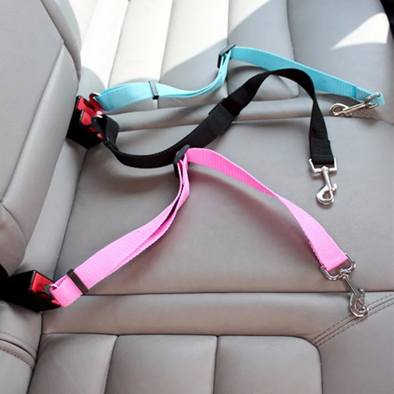 Three nylon pet car tethers on a vehicle seat