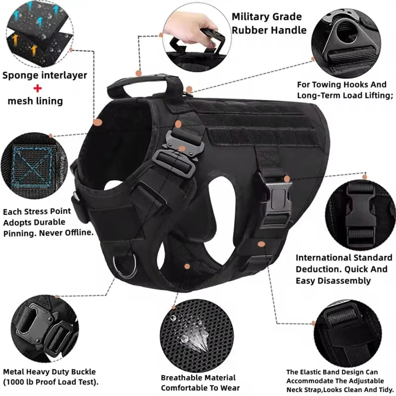 Ultimate Explorer Tactical Dog Harness Leash Set Heavy Duty Handle Training Hiking Control Medium Size Black by Fashioned Furbabies