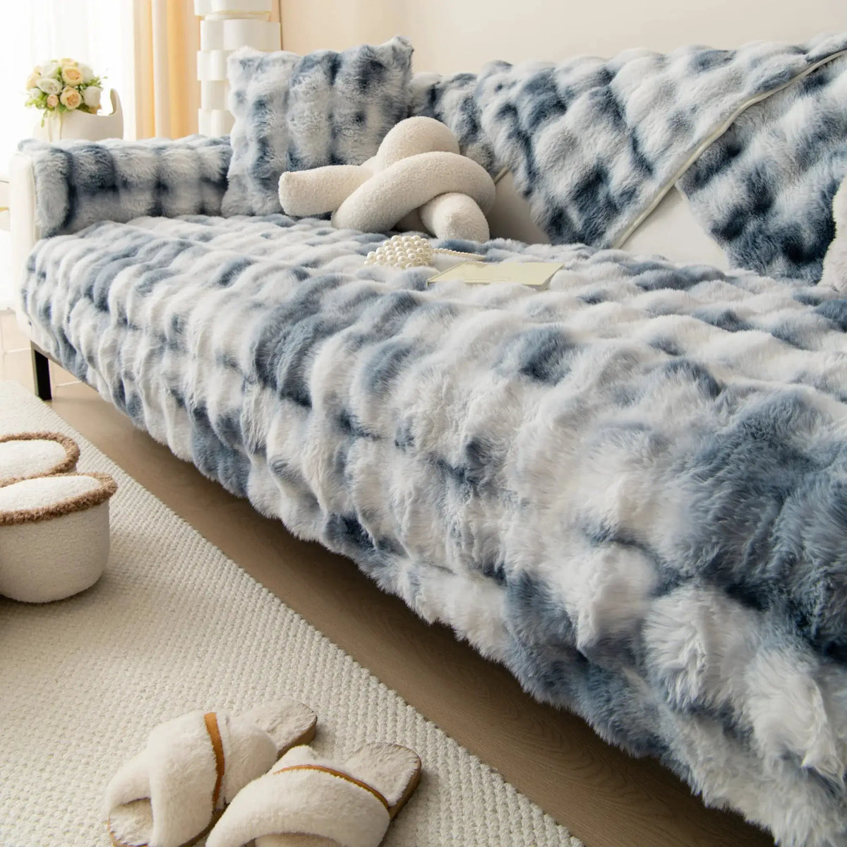 Velvet couch cover for sofa in blue-gray faux fur with plush cushions