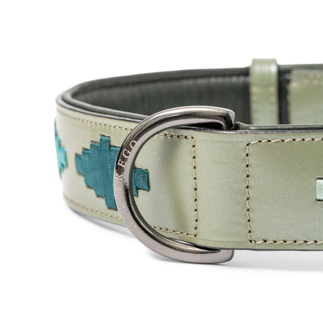 Halter Ego Sea Glass Leather Dog Collar, close-up of the lining and D-ring