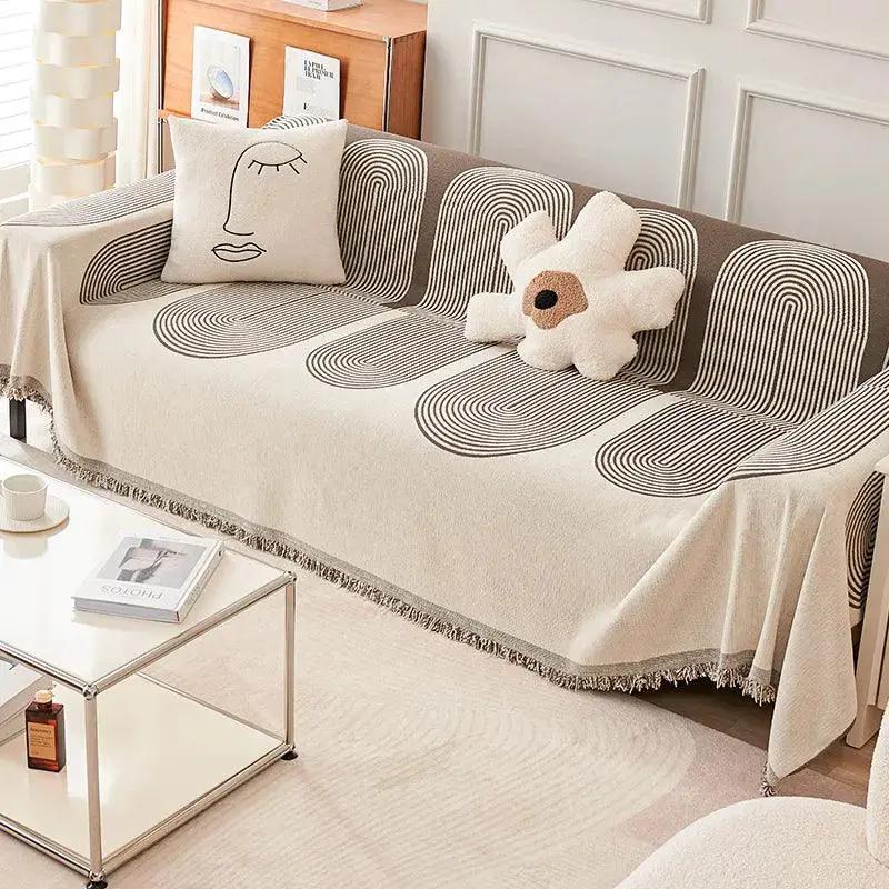 Double-Sided Chenille Couch Slipcovers by topspet in beige with circular pattern for sofa protection
