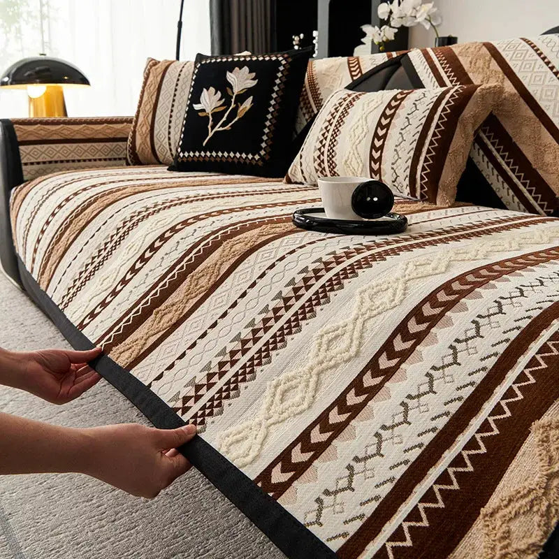 Topspet couch cover for sofa/chair with brown and cream geometric pattern, non-slip edge, protects furniture from pets