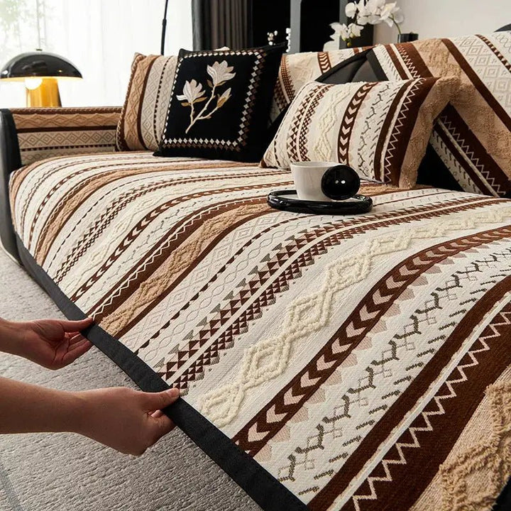 Topspet couch cover for sofa/chair with brown and cream geometric pattern, non-slip edge, protects furniture from pets