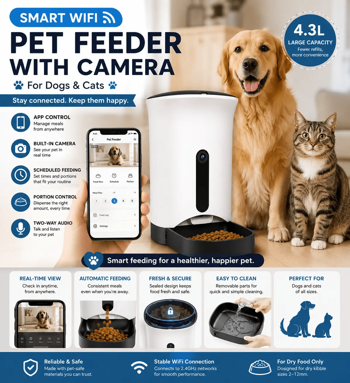 4.3L smart WiFi automatic pet feeder with camera and app control for dogs and cats
